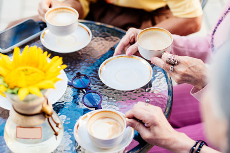 Group of beautiful and happy senior adult women dating outdoors and meeting at the bar cafeteria, having a talk - Stylish fashionable old mature people meeting and having fun in a cafeの写真素材