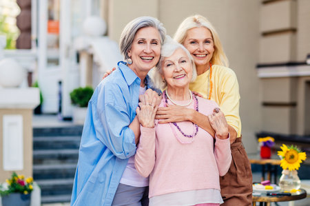 Group of beautiful and happy senior adult women dating outdoors and meeting in the city - Stylish fashionable old mature people social gathering and having fun in a cafeの写真素材