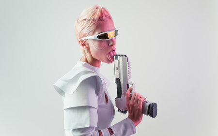 Representation of a bionic super human with advanced technology parts as vr visors and gadgets playing in a mixed reality training room. Futuristic cyberpunk evolution of human mankind and AIの写真素材