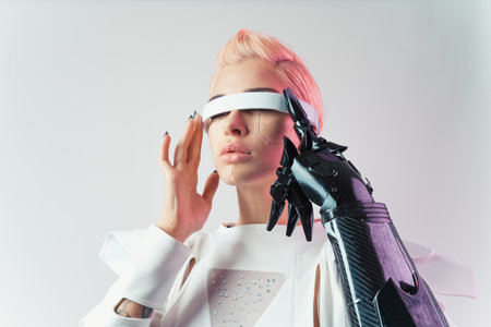 Representation of a bionic super human with advanced technology parts as vr visors and gadgets...