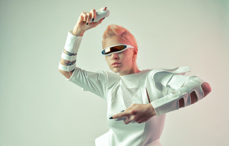 Representation of a bionic super human with advanced technology parts as vr visors and gadgets...