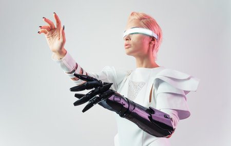 Representation of a bionic super human with advanced technology parts as vr visors and gadgets playing in a mixed reality training room. Futuristic cyberpunk evolution of human mankind and AIの写真素材