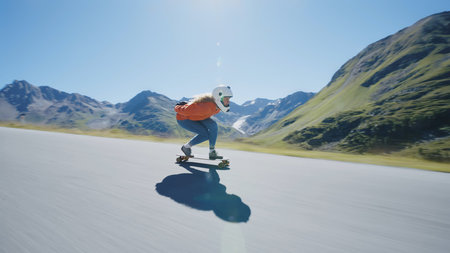 Cinematic downhill longboard session. Young woman skateboarding and making tricks between the curves on a mountain pass. Concept about extreme sports and peopleの写真素材
