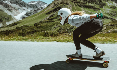 Cinematic downhill longboard session. Young woman skateboarding and making tricks between the curves on a mountain pass. Concept about extreme sports and peopleの写真素材