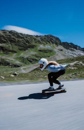Cinematic downhill longboard session. Young woman skateboarding and making tricks between the curves on a mountain pass. Concept about extreme sports and peopleの写真素材