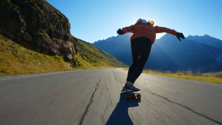 Cinematic downhill longboard session. Young woman skateboarding and making tricks between the curves on a mountain pass. Concept about extreme sports and peopleの写真素材