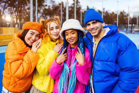 Multiracial group of young happy friends meeting outdoors in winter, wearing winter jackets and having fun - Multiethnic millennials bonding in an urban area, concepts about youth and social releationshipsの写真素材