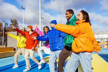 Multiracial group of young happy friends meeting outdoors in winter, wearing winter jackets and having fun - Multiethnic millennials bonding in an urban area, concepts about youth and social releationshipsの写真素材
