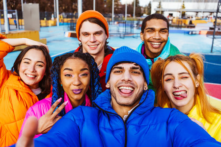 Multiracial group of young happy friends meeting outdoors in winter, wearing winter jackets and having fun - Multiethnic millennials bonding in an urban area, concepts about youth and social releationshipsの写真素材