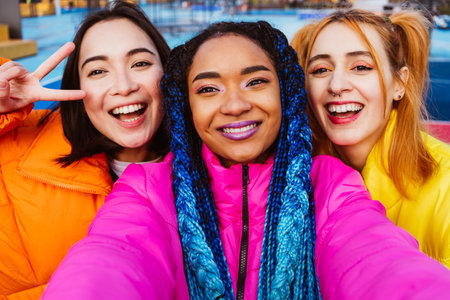 Multiracial group of young happy friends meeting outdoors in winter, wearing winter jackets and having fun - Multiethnic millennials bonding in an urban area, concepts about youth and social releationshipsの写真素材