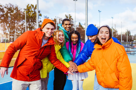 Multiracial group of young happy friends meeting outdoors in winter, wearing winter jackets and having fun - Multiethnic millennials bonding in an urban area, concepts about youth and social releationshipsの写真素材