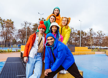 Multiracial group of young happy friends meeting outdoors in winter, wearing winter jackets and...
