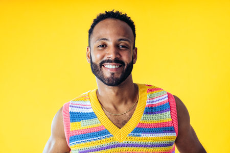 Image of a handsome young man posing on colored backgrounds wearing colorful trendy clothes. Concept about carefree, fashion and lifestyleの写真素材