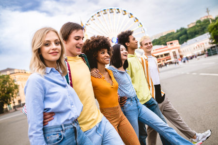 Multiracial young people together meeting and social gathering - Group of friends with mixed races having fun outdoors in the city- Friendship and lifestyle conceptsの写真素材