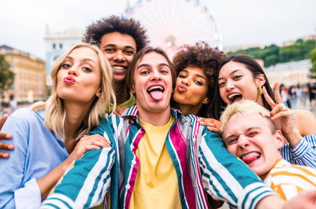 Multiracial young people together meeting and social gathering - Group of friends with mixed races having fun outdoors in the city- Friendship and lifestyle conceptsの写真素材