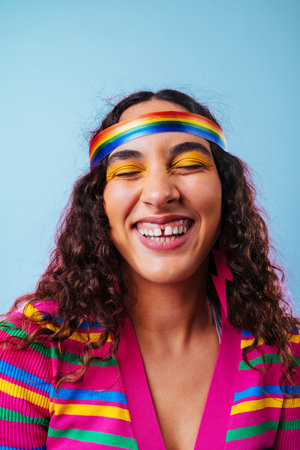 Beautiful young hispanic woman with diastema with colorful and cool style - Confident and...