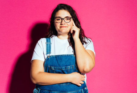 Plus size woman model posing in studio and having fun on colored backgrounds. Hard direct studio light shotsの写真素材
