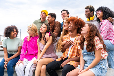 Happy playful multiethnic group of young friends bonding outdoors - Multiracial millennials students meeting in the city, concepts of youth, people lifestyle, diversity, teenage and urban lifeの写真素材