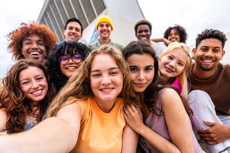 Happy playful multiethnic group of young friends bonding outdoors - Multiracial millennials students meeting in the city, concepts of youth, people lifestyle, diversity, teenage and urban lifeの写真素材