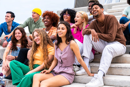 Happy playful multiethnic group of young friends bonding outdoors - Multiracial millennials students meeting in the city, concepts of youth, people lifestyle, diversity, teenage and urban lifeの写真素材