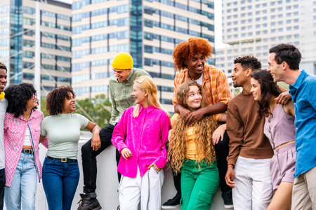 Happy playful multiethnic group of young friends bonding outdoors - Multiracial millennials students meeting in the city, concepts of youth, people lifestyle, diversity, teenage and urban lifeの写真素材