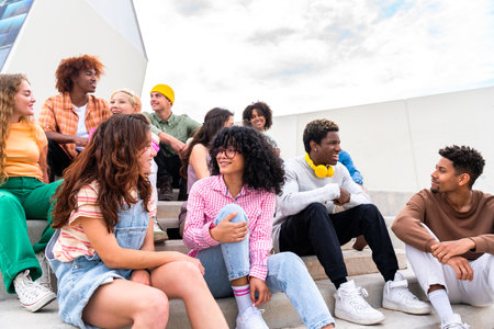 Happy playful multiethnic group of young friends bonding outdoors - Multiracial millennials students meeting in the city, concepts of youth, people lifestyle, diversity, teenage and urban lifeの写真素材