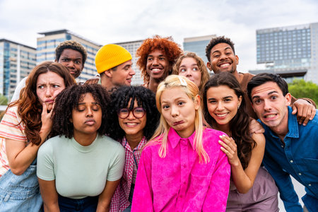 Happy playful multiethnic group of young friends bonding outdoors - Multiracial millennials students meeting in the city, concepts of youth, people lifestyle, diversity, teenage and urban lifeの写真素材