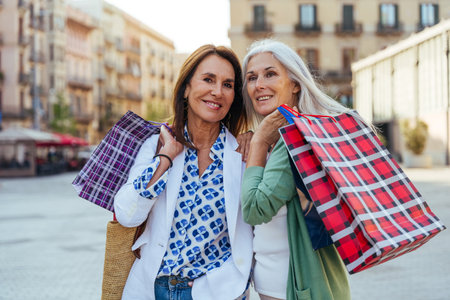 Beautiful senior women bonding outdoors in the city - Attractive cheerful mature female friends having fun, shopping and bonding, concepts about elderly lifestyleの写真素材