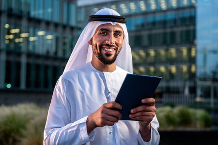 Arab middle-eastern man wearing emirati kandora traditional clothing in the city - Arabian muslim businessman strolling in urban business centre.の写真素材