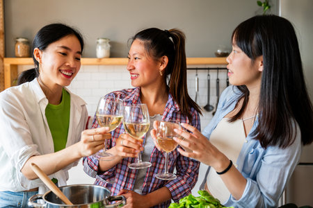 Happy beautiful chinese women friends bonding at home and cooking delicious meal together- Playful pretty asian female adults meeting and having fun at home, concepts about lifestyle, domestic life and friendshipの写真素材