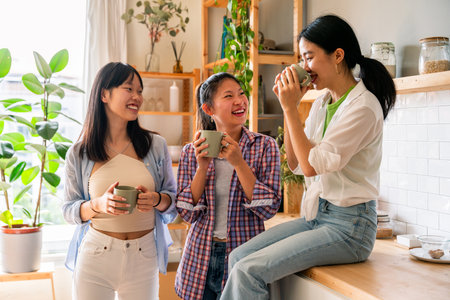 Happy beautiful chinese women friends bonding at home - Playful pretty asian female adults meeting and having fun at home, concepts about lifestyle, domestic life and friendshipの写真素材