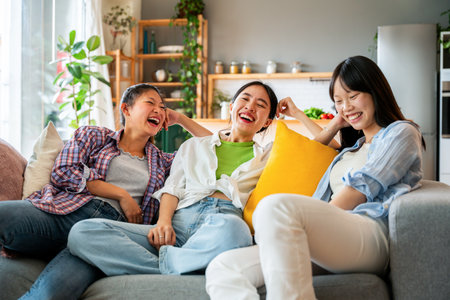 Happy beautiful chinese women friends bonding at home - Playful pretty asian female adults meeting...