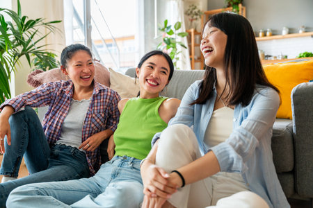 Happy beautiful chinese women friends bonding at home - Playful pretty asian female adults meeting...