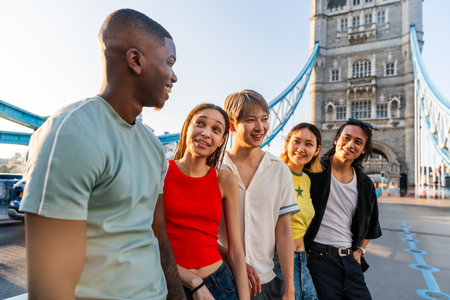 Multiracial group of happy young friends bonding in London city - Multiethnic teens students meeting and having fun in Tower Bridge area, UK - Concepts about youth lifestyle, travel and tourismの写真素材