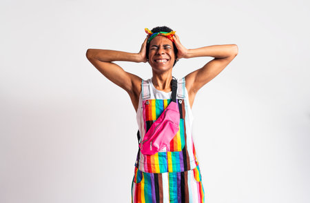 Fluid gender hispanic latin black man posing in studio with fashionable clothing, concepts about LGBTQ, genderless and diversityの写真素材