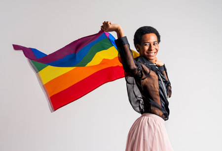 Fluid gender hispanic latin black man posing in studio with fashionable clothing, concepts about LGBTQ, genderless and diversityの写真素材