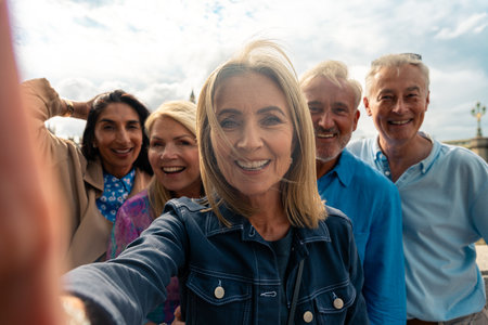 Group of old friends spending time together in the main parts of London, visiting the Westminster area and St. james park. Old buddies reunion. Concept about third age and seniorityの写真素材