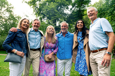 Group of old friends spending time together in the main parts of London, visiting the Westminster area and St. james park. Old buddies reunion. Concept about third age and seniorityの写真素材