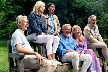 Group of old friends spending time together in the main parts of London, visiting the Westminster area and St. james park. Old buddies reunion. Concept about third age and seniorityの写真素材