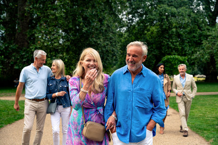 Group of old friends spending time together in the main parts of London, visiting the Westminster area and St. james park. Old buddies reunion. Concept about third age and seniorityの写真素材