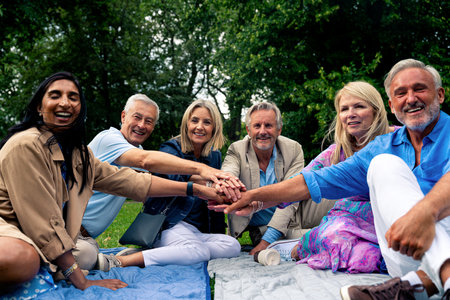 Group of old friends spending time together in the main parts of London, visiting the Westminster area and St. james park. Old buddies reunion. Concept about third age and seniorityの写真素材