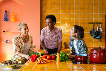 Group of friends bonding at home, LGBTQ and diversity concepts - Homosexual couple and fluid gender non binary young man with cross dressing clothing style having fun in the apartment, LGBT people conceptsの写真素材
