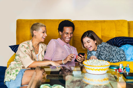 Group of friends bonding at home, LGBTQ and diversity concepts - Homosexual couple and fluid gender non binary young man with cross dressing clothing style having fun in the apartment, LGBT people conceptsの写真素材