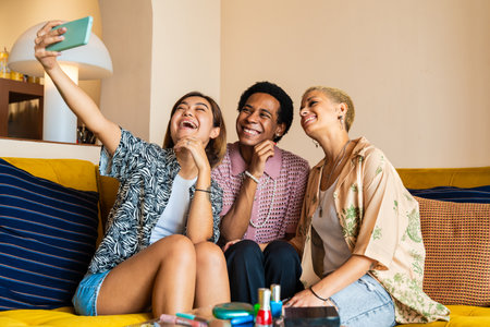Group of friends bonding at home, LGBTQ and diversity concepts - Homosexual couple and fluid gender...