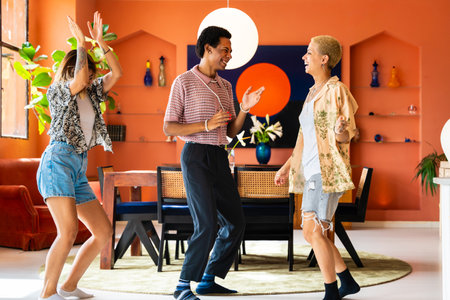 Group of friends bonding at home, LGBTQ and diversity concepts - Homosexual couple and fluid gender...