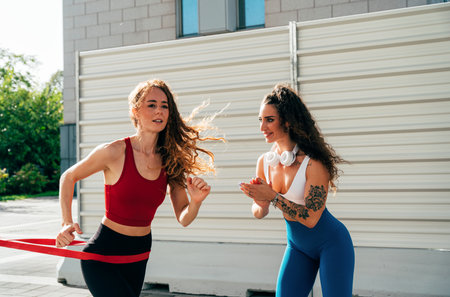 LGBT couple training together outdoor. Runner real couple doing sport in an urban area of the city....