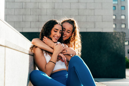 LGBT couple training together outdoor. Runner real couple doing sport in an urban area of the city. Concepts of sports and lifestyleの写真素材