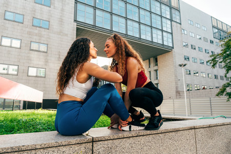 LGBT couple training together outdoor. Runner real couple doing sport in an urban area of the city. Concepts of sports and lifestyleの写真素材