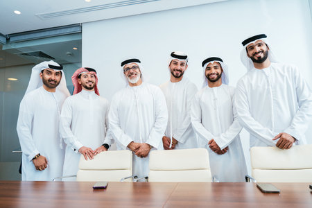 Group of corporate arab businessmen meeting in the office - Middle-eastern businesspeople wearing...