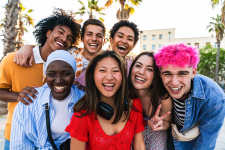 Multiethnic group of young happy friends hanging out in the city - Multiracial group of students...